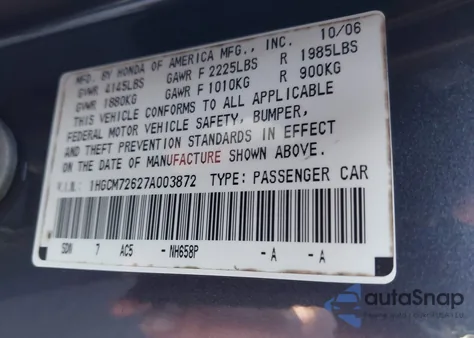 2007 Honda Accord 2.4 Ex from USA, damaged, VIN 1HGCM72627A003872